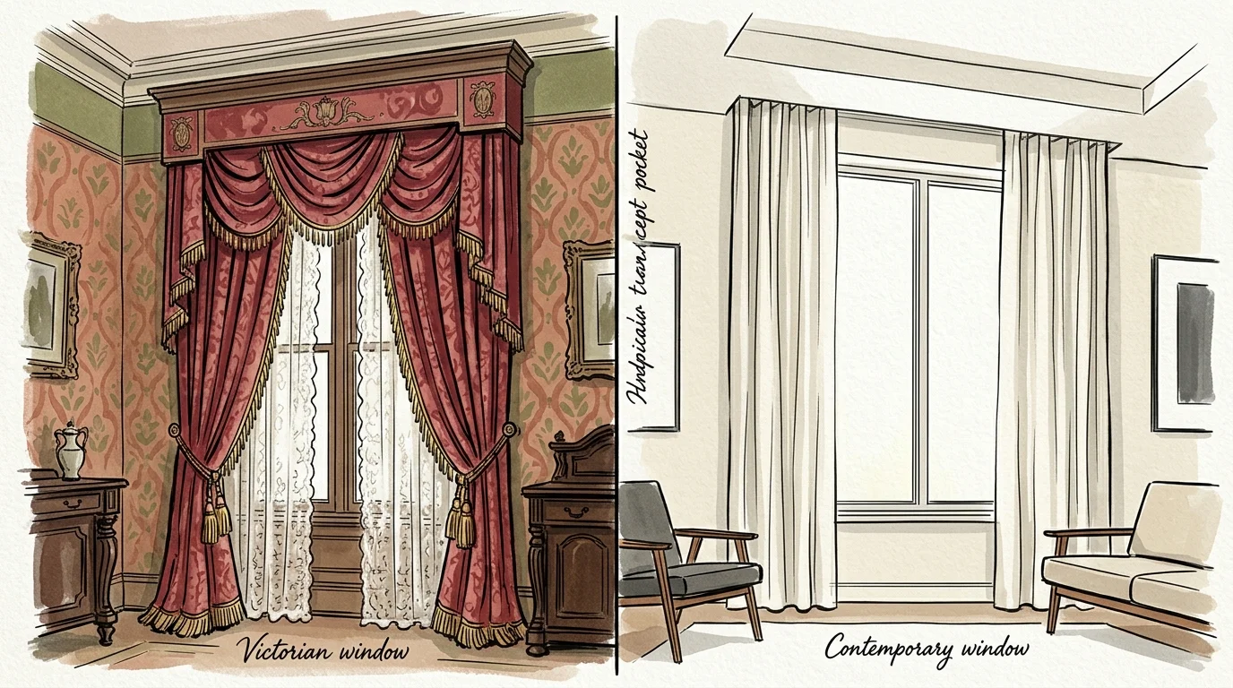 Side-by-side sketch comparing ornate red Victorian drapery with valances against simple white contemporary curtains.