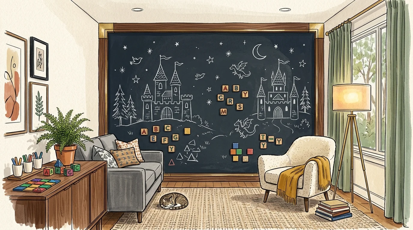 Illustration of a stylish room featuring a large framed chalkboard wall with chalk castle drawings, magnets, and seating.