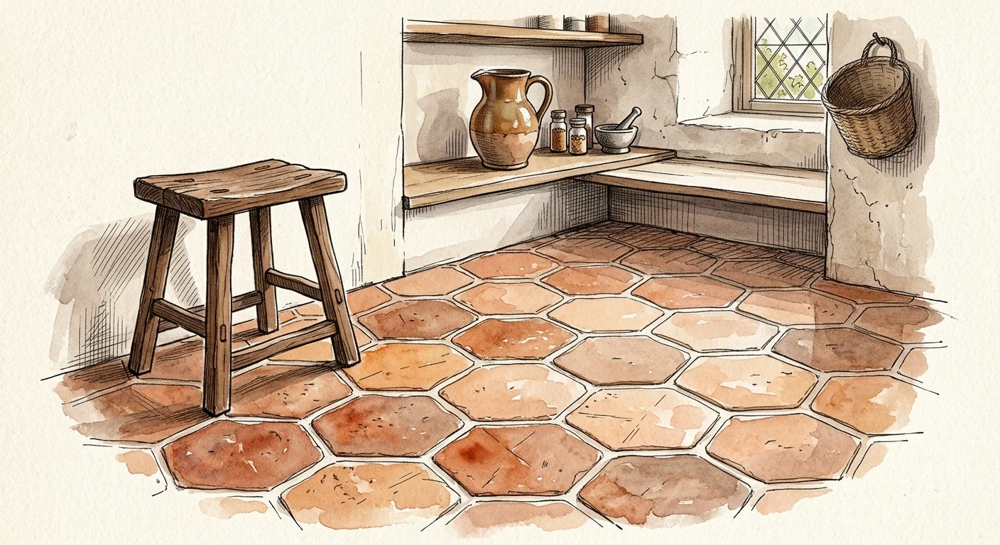 Ink and watercolor sketch of a kitchen floor tiled with warm, multi-toned hexagonal terracotta tiles.