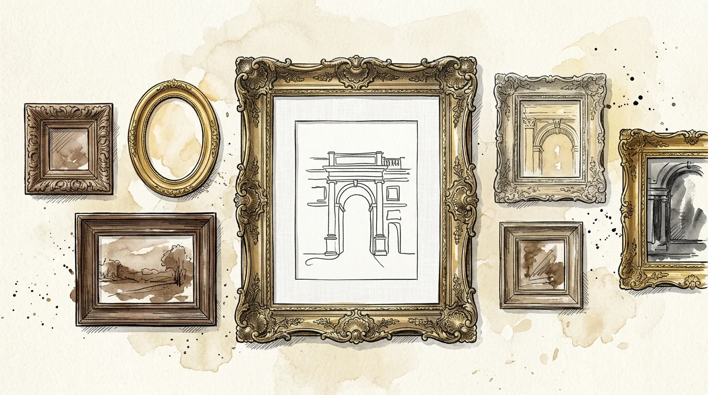 Watercolor illustration of a gallery wall with ornate gold and carved wood frames displaying architectural line sketches.