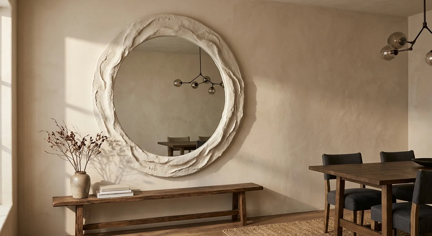 Large circular mirror with a sculptural textured plaster frame serving as a bold focal point on a plain beige dining room wall.