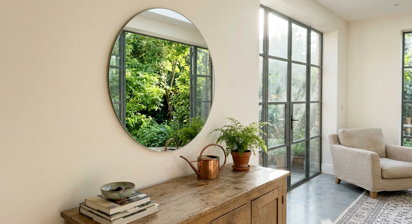 Large round mirror on a cream wall reflecting a lush green garden outside a window, blending nature with the interior.