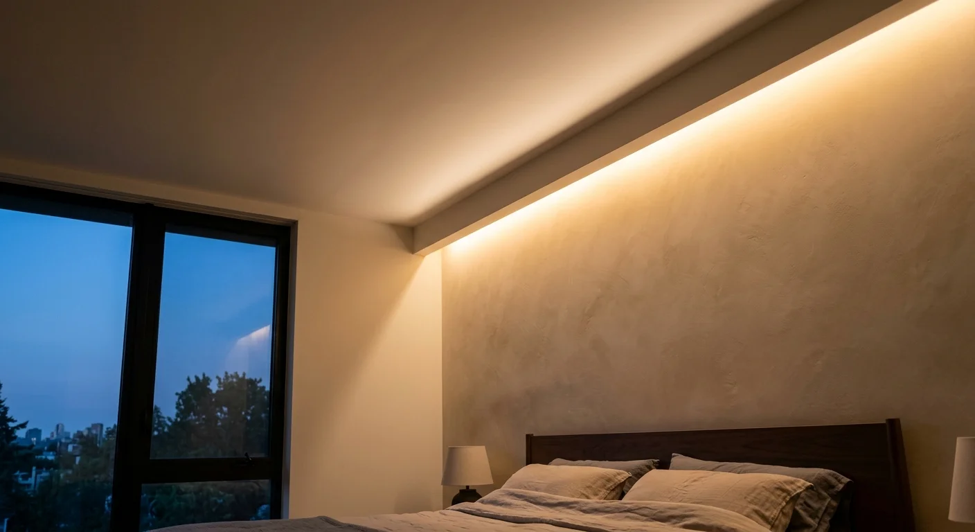Low-angle architectural photo of a master bedroom ceiling showing a soft wash of warm light from hidden perimeter cove lighting.