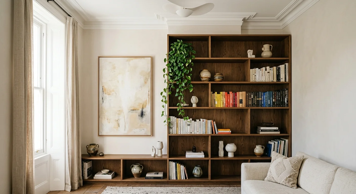 Low-angle editorial photo of a tall custom bookshelf and artwork emphasizing ceiling height.