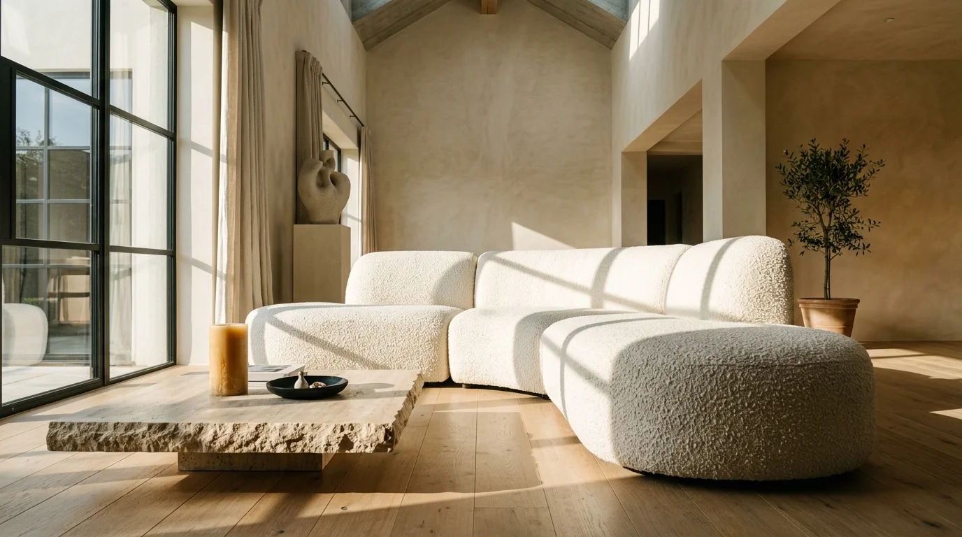 Low-angle photo of a modern, low-slung off-white bouclé sofa and a travertine stone coffee table in a sunlit room.