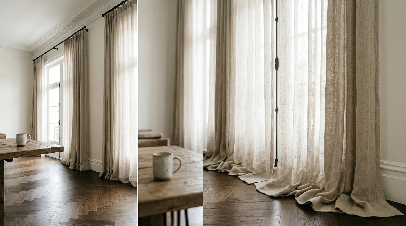 Low-angle photo of tall oatmeal linen drapes hung from the ceiling to the floor, filtering soft daylight into a room.