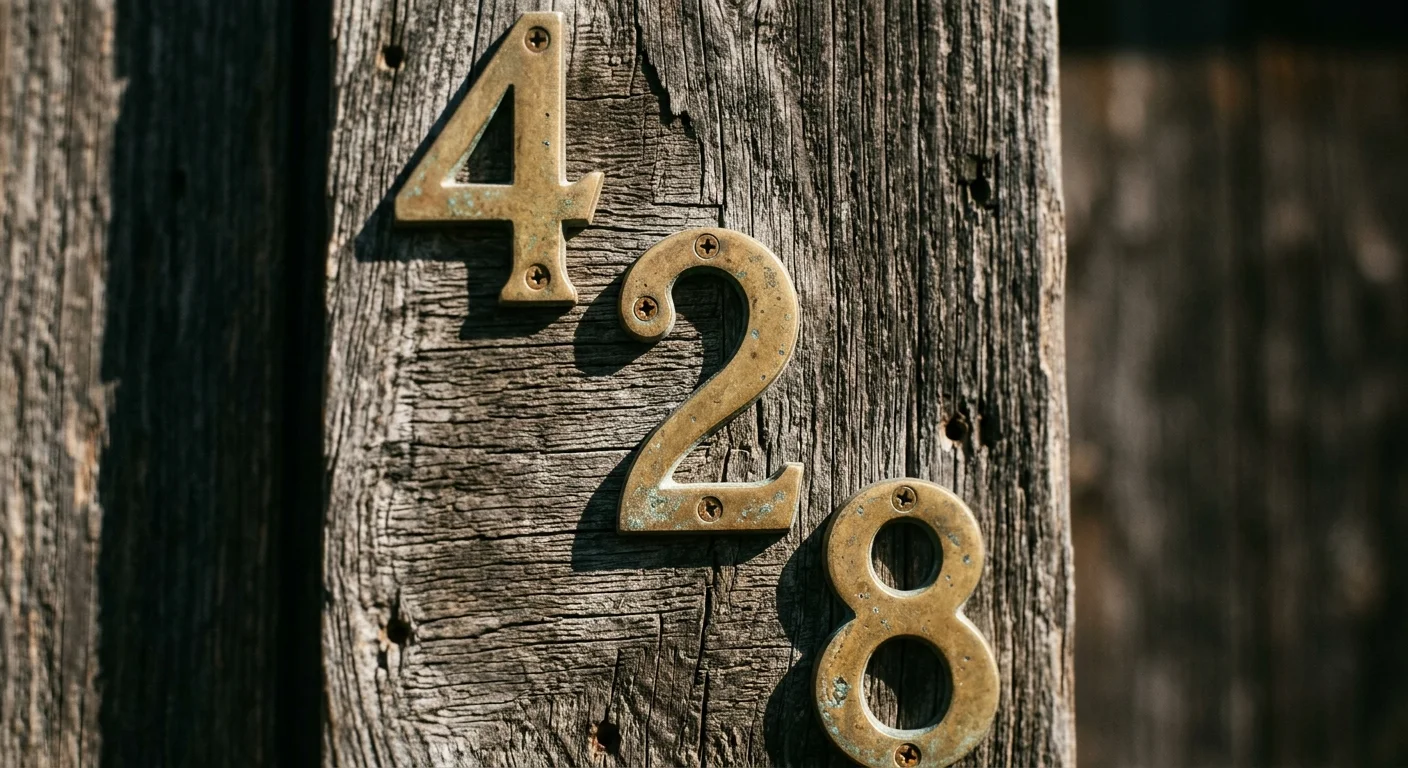 Macro detail of solid brass house numbers mounted on textured cedar wood siding under bright morning light.