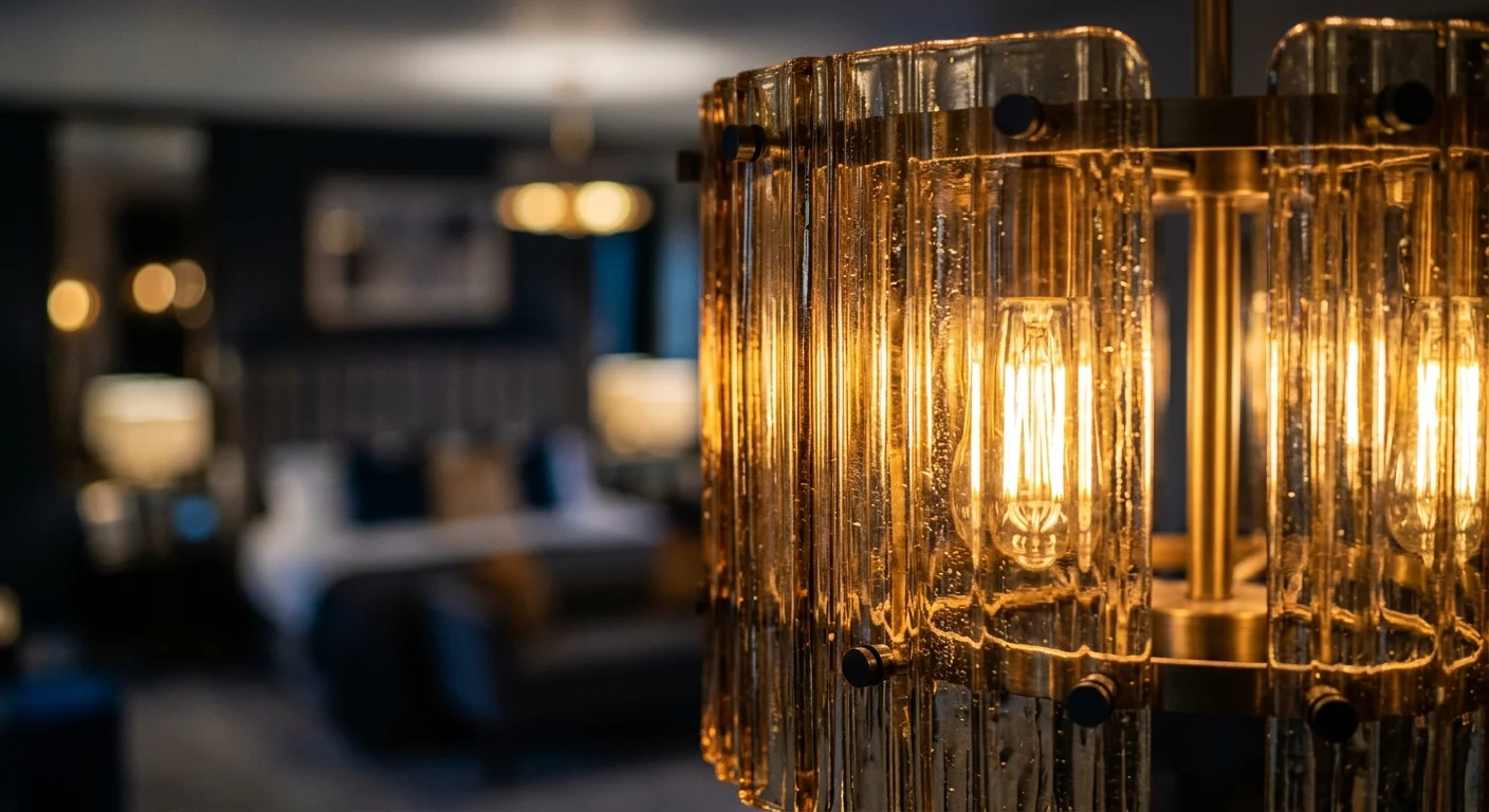 Macro photo of a modern chandelier with fluted amber glass panels refracting warm light, set against a soft-focused bedroom background.