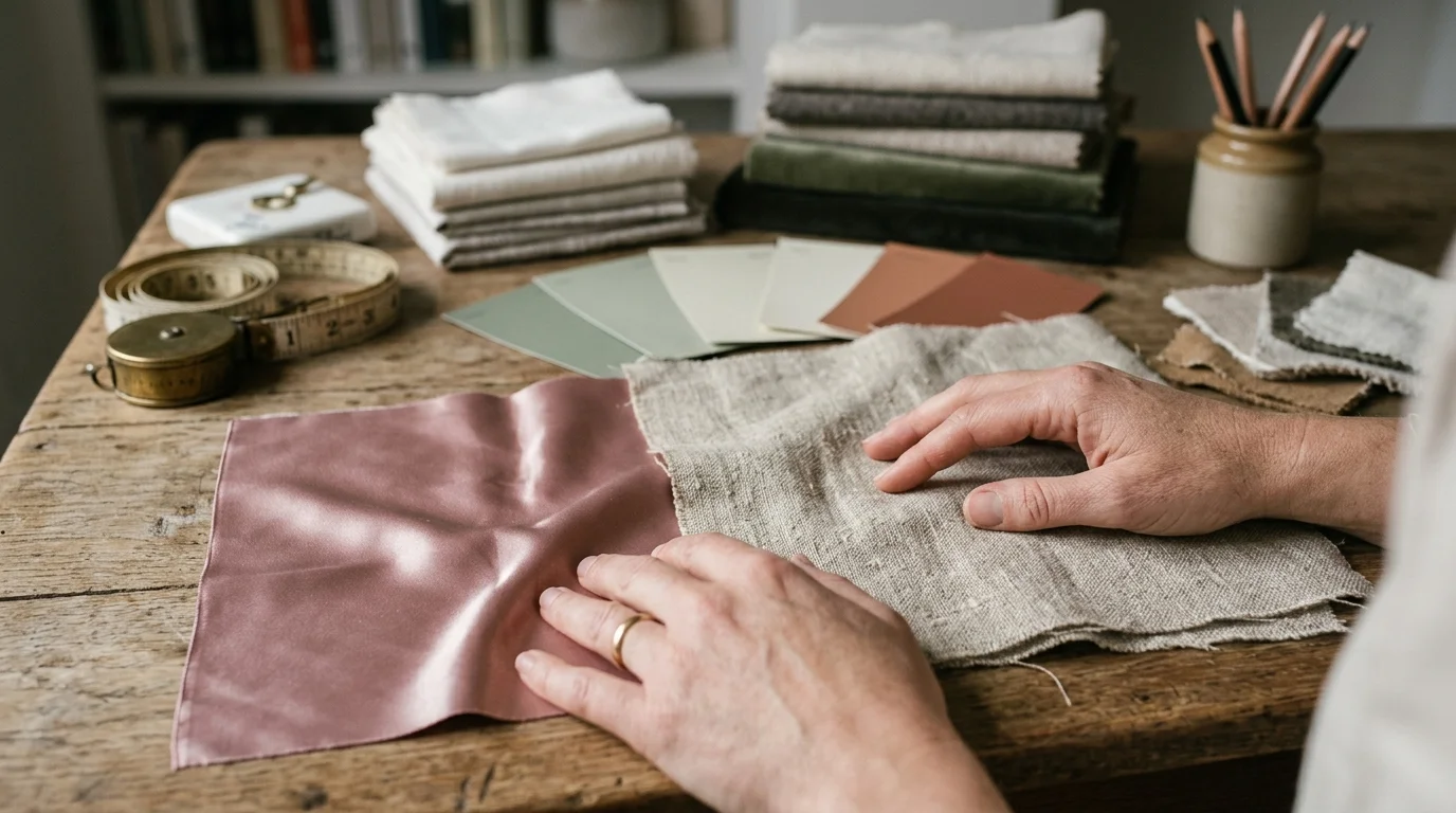 Hands comparing a shiny pink satin swatch against textured beige linen fabric on a wooden table with swatches and tools.