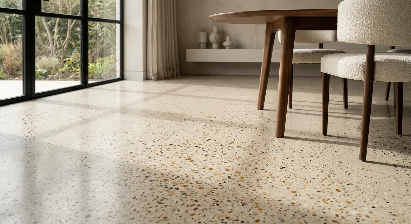 Matte-honed terrazzo flooring with warm ochre and river pebble aggregates under a sculptural wooden dining table.