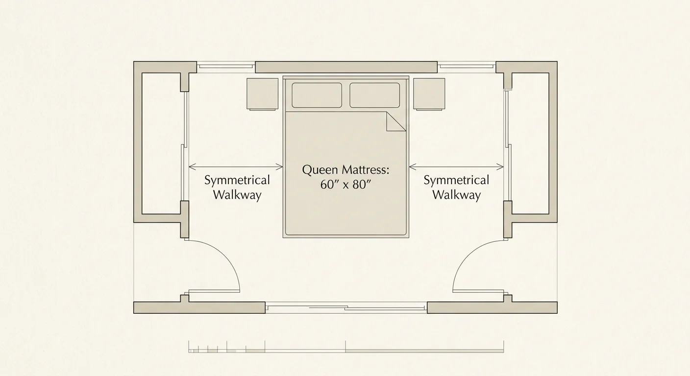 Minimalist architectural floorplan diagram showing a centrally anchored Queen bed with symmetrical side clearances.