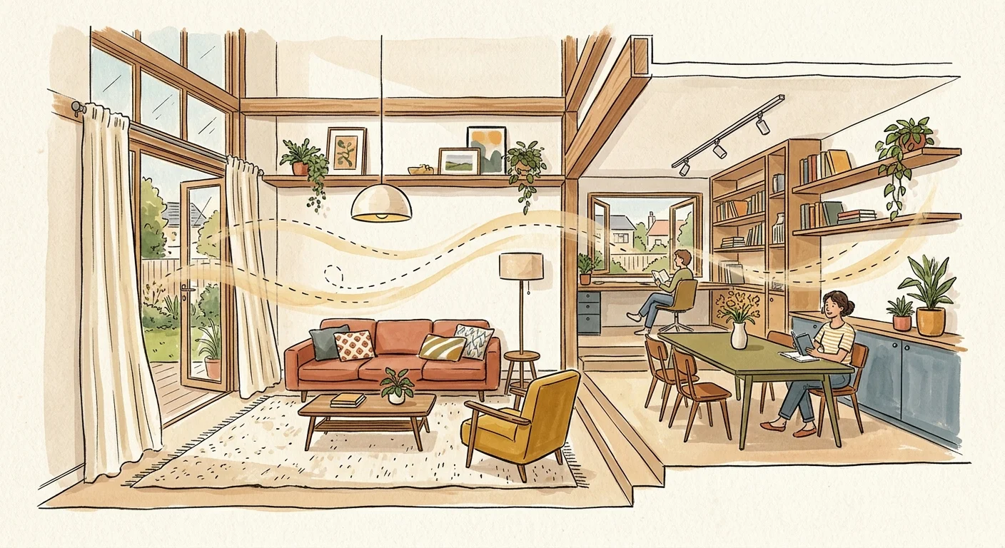 Minimalist editorial illustration showing a harmonious, flowing layout of an open-concept home.