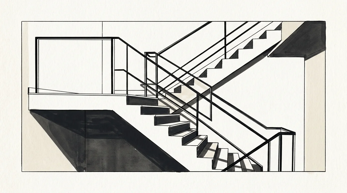 Minimalist graphic illustration of a high-contrast monochrome staircase with bold black geometric shadows.