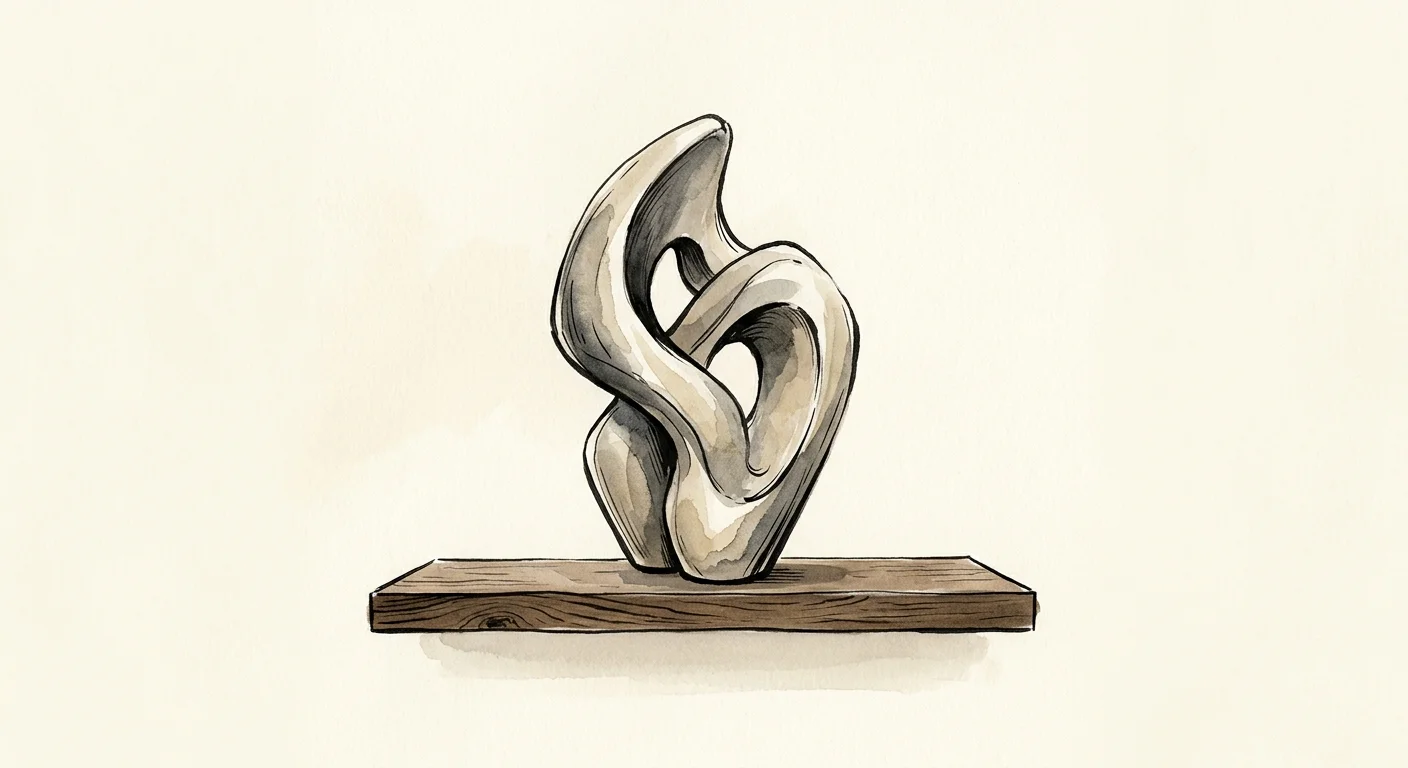Minimalist ink illustration of a single, dramatic abstract ceramic sculpture standing alone on a floating shelf.