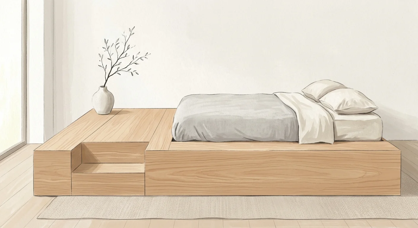 Minimalist Japandi-style illustration of a low-profile wooden platform bed with wide integrated steps.