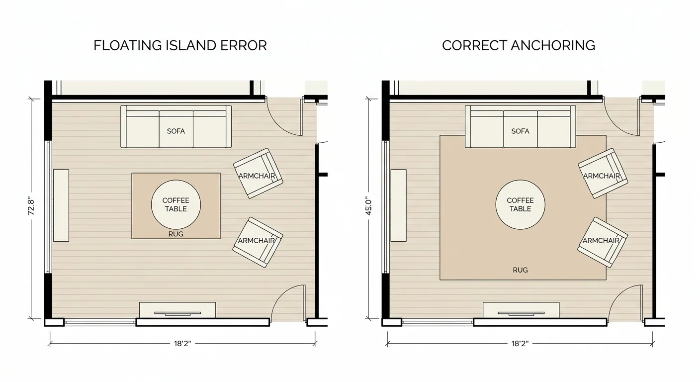 Minimalist living room layout diagram comparing small and properly scaled area rugs.