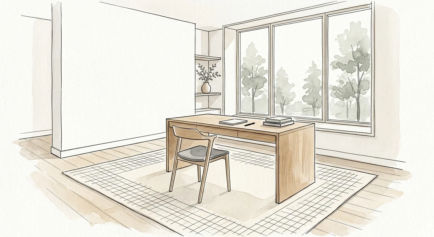 Minimalist watercolor sketch of a study featuring a cream area rug with a subtle black micro-grid geometric pattern.