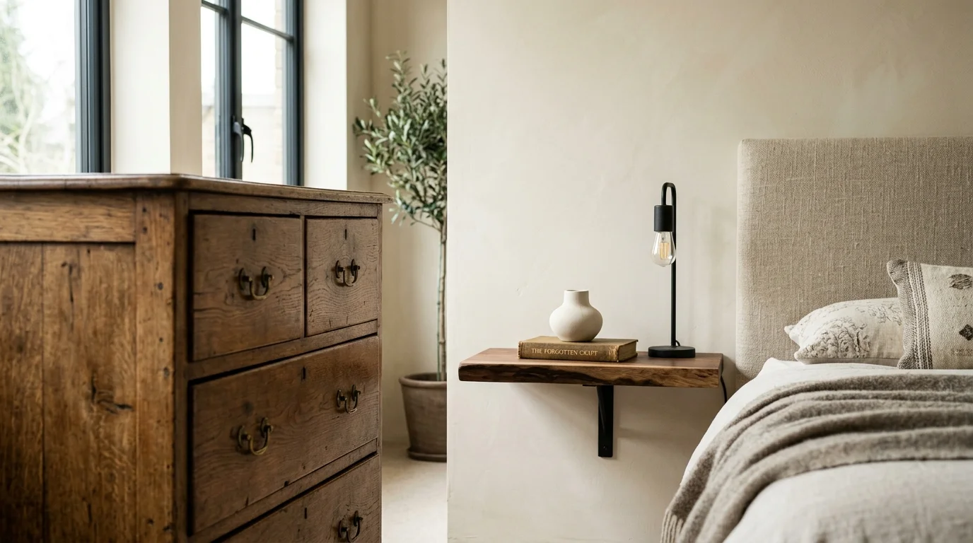 Rustic wooden dresser beside a floating live-edge nightstand, modern black lamp, and upholstered linen headboard.