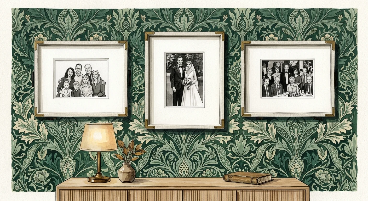 Illustration of three framed black-and-white family portraits on green botanical wallpaper above a wooden console table.