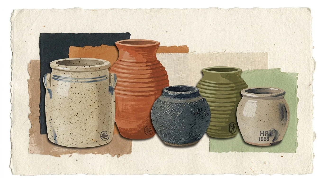 Mixed media collage of five ceramic pots and stoneware crocks layered over torn, colorful paper scraps.