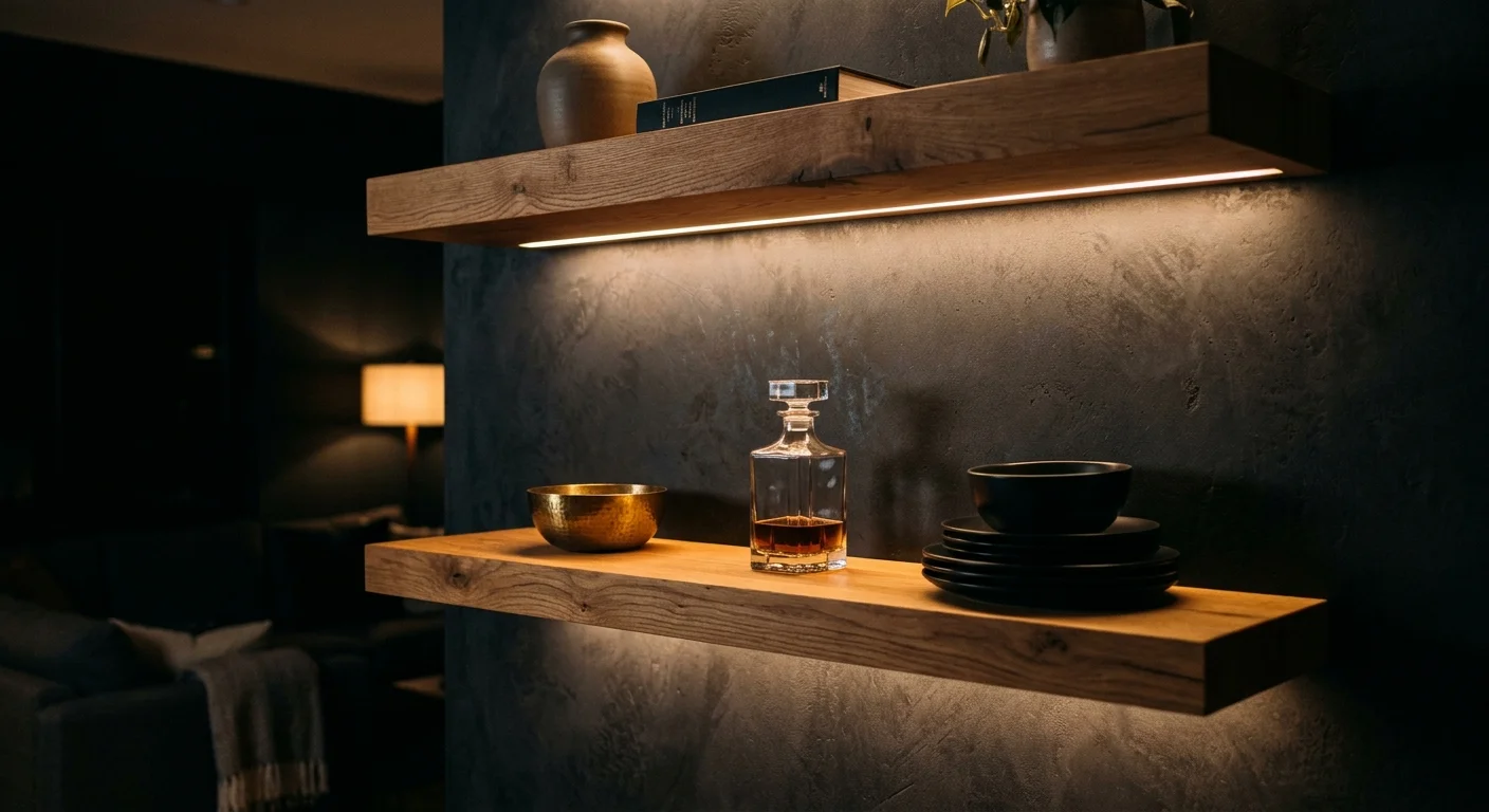 Moody photo of dark floating shelves illuminated by warm, integrated LED strip lighting glowing from underneath.