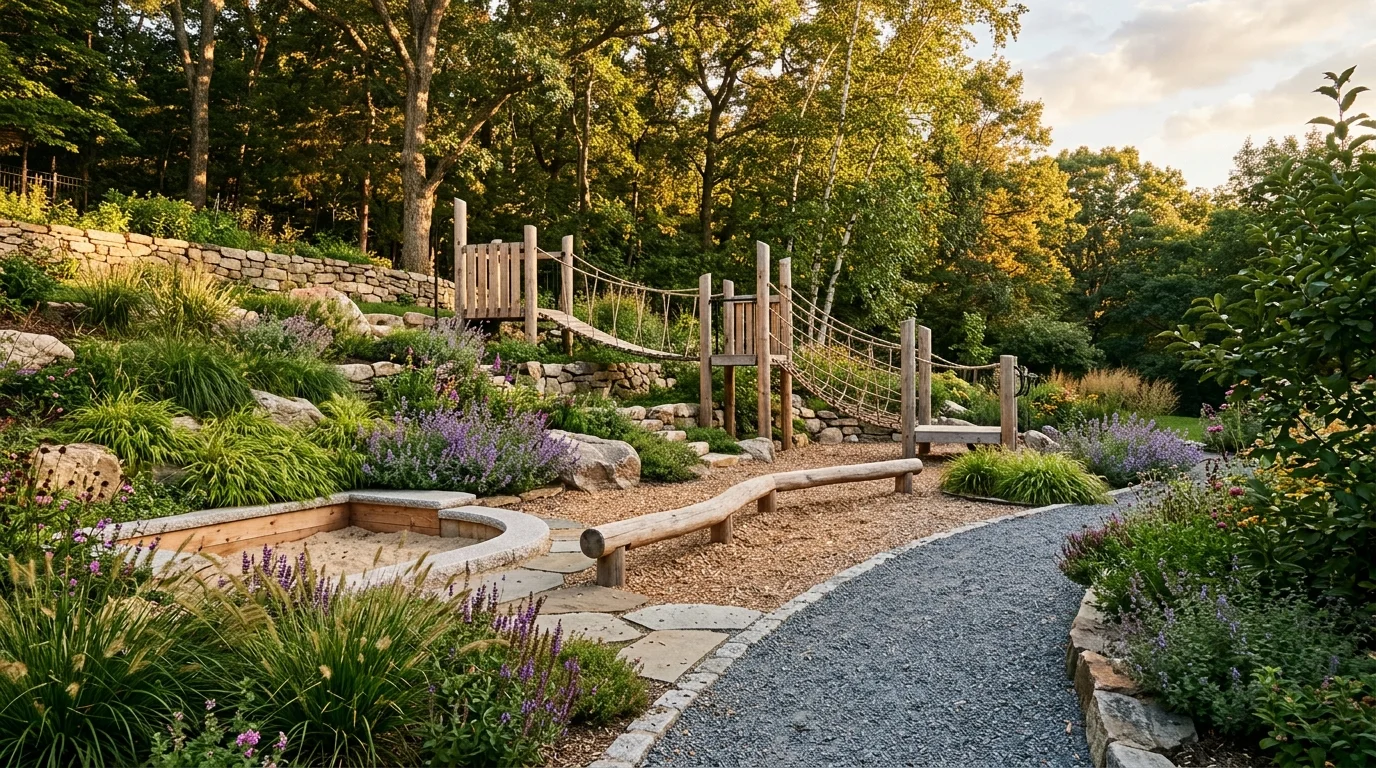 Wooden playground with rope bridge, sandbox, and balance beam integrated into a terraced garden with stone walls.