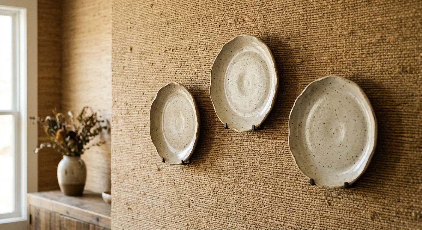 Off-white handmade ceramic plates mounted horizontally on a rich, textured wheat-colored grasscloth wallpaper.