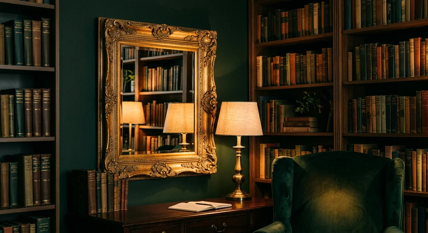 Ornate antique gold mirror on a deep forest-green wall reflecting a glowing brass lamp and bookshelves in a cozy library.