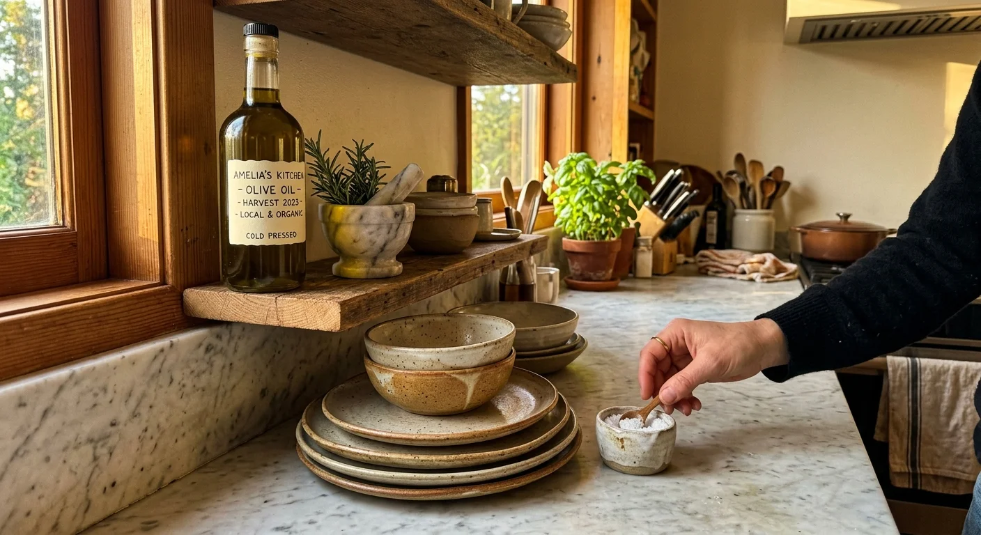 Smartphone snapshot of a kitchen shelf holding functional cooking items like olive oil, a mortar and pestle, and ceramic plates.