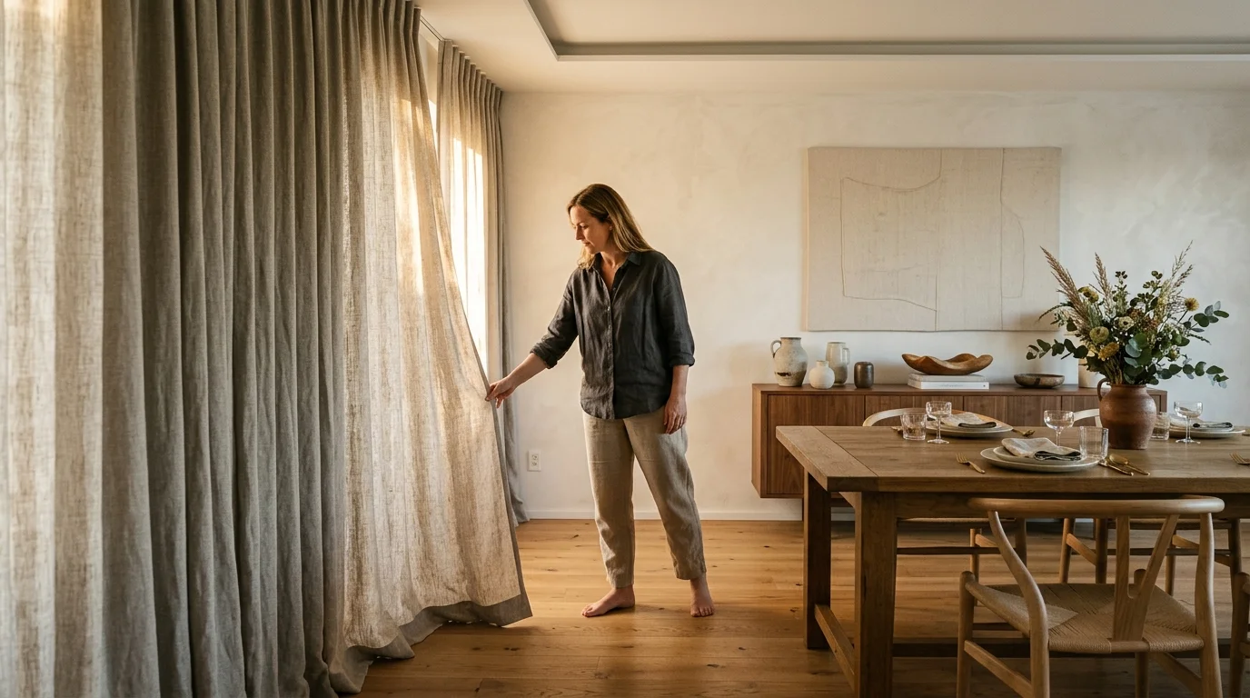 Woman standing barefoot in a dining room adjusting floor-length neutral linen curtains beside a wooden dining table.