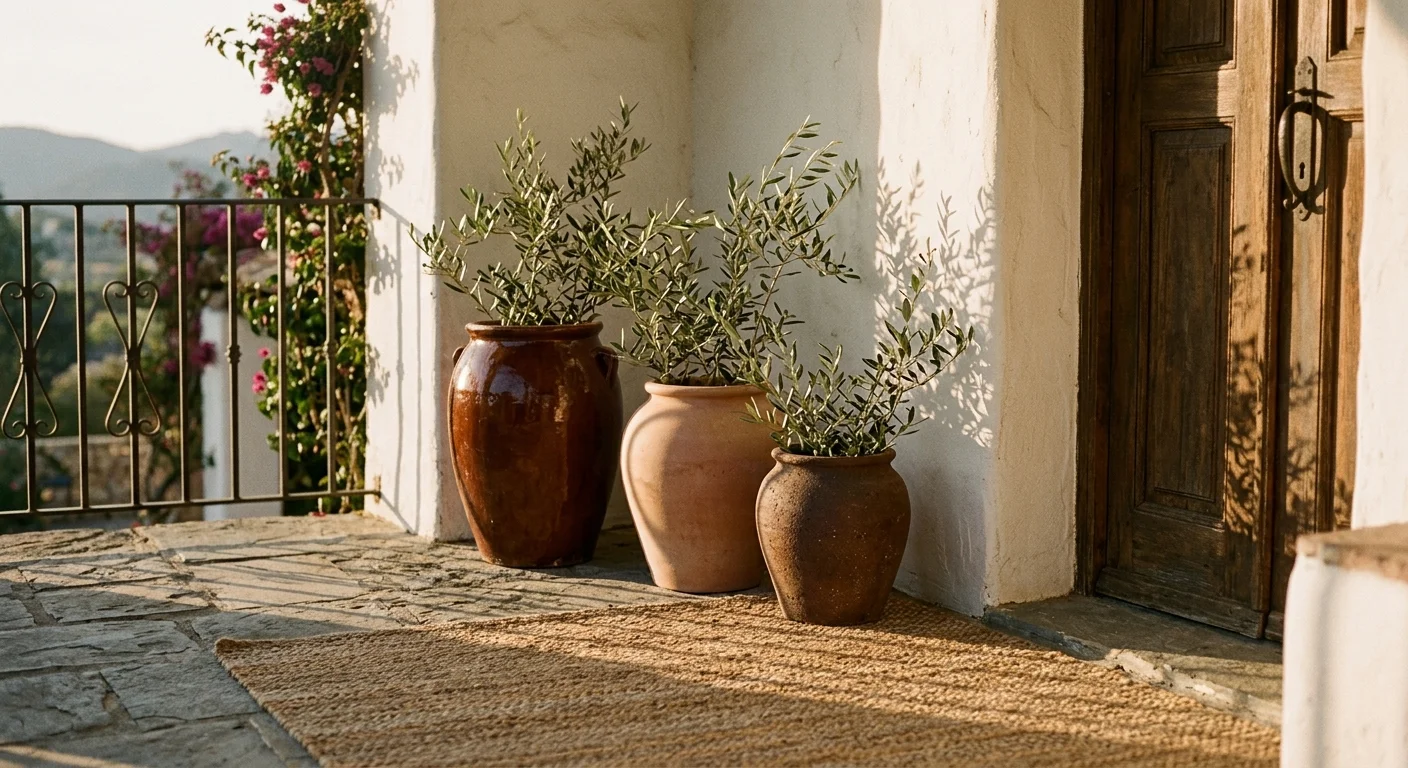 Terracotta and clay pots filled with olive branches on a sandy-beige woven outdoor rug, bathed in warm golden-hour sunlight.