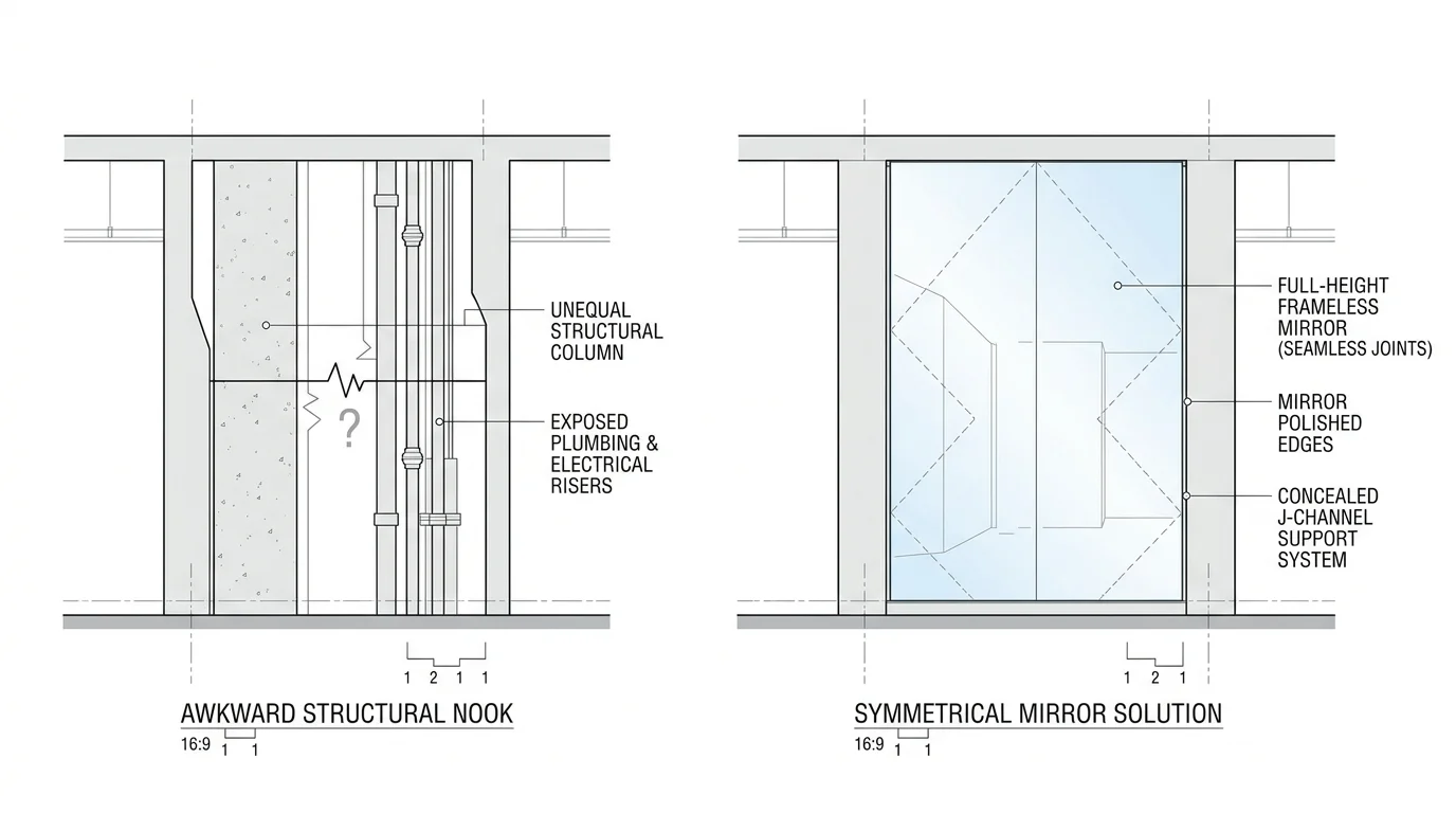 Two-panel architectural diagram showing an awkward wall recess on the left and a seamless, flush-mounted mirror solution on the right.