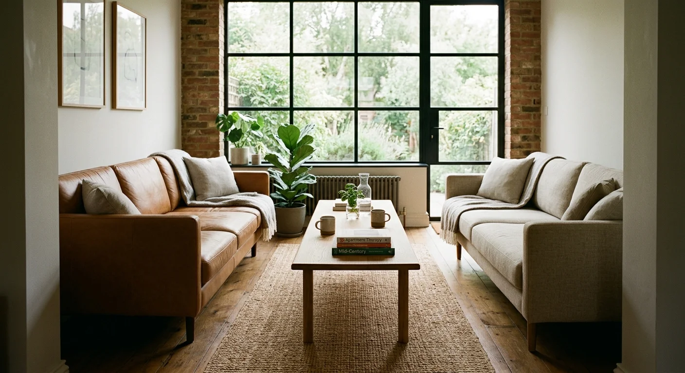 Two parallel tan leather sofas facing each other across a long oak coffee table in a narrow, sunlit room.