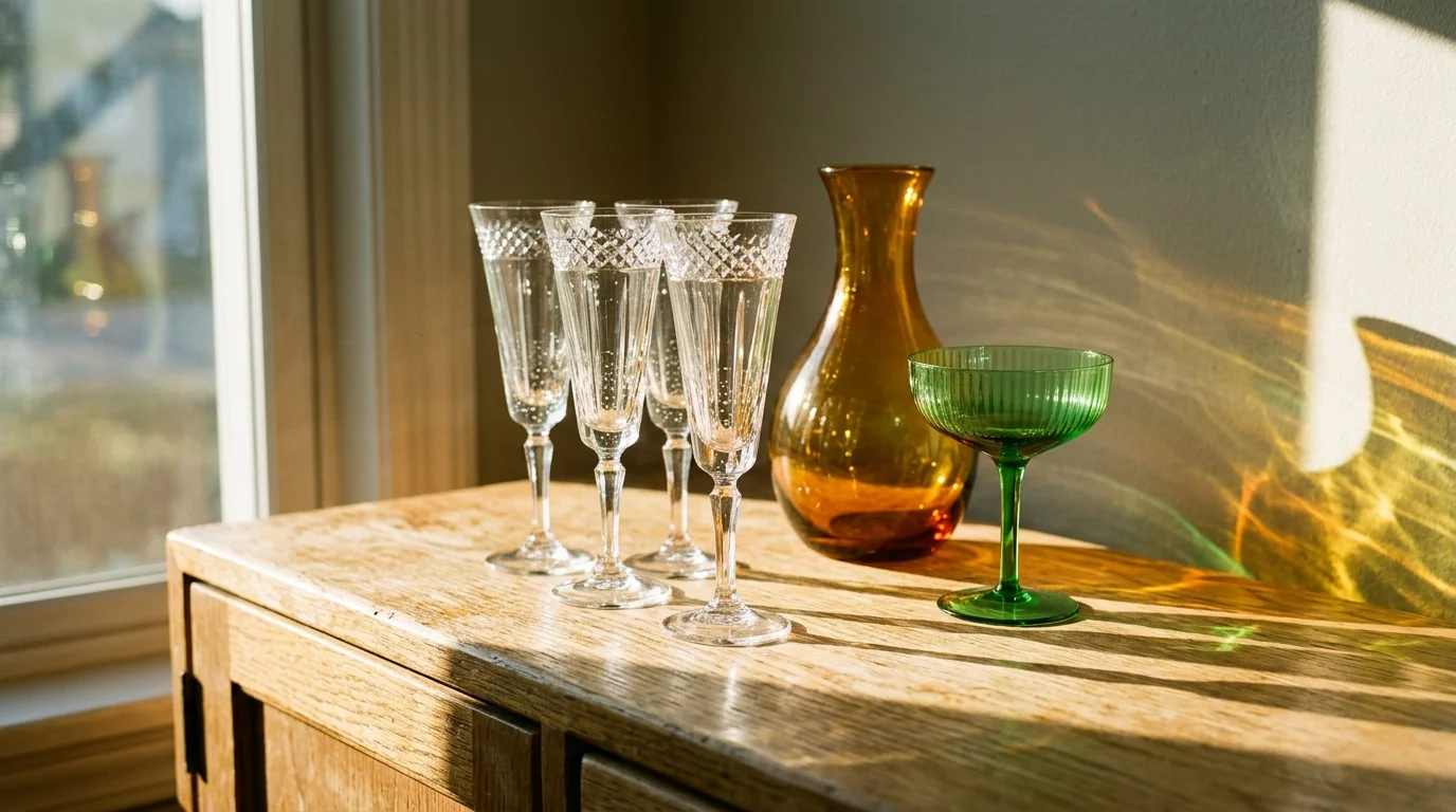 Cut crystal flutes, an amber glass decanter, and a green coupe on a wooden credenza casting colorful light reflections.