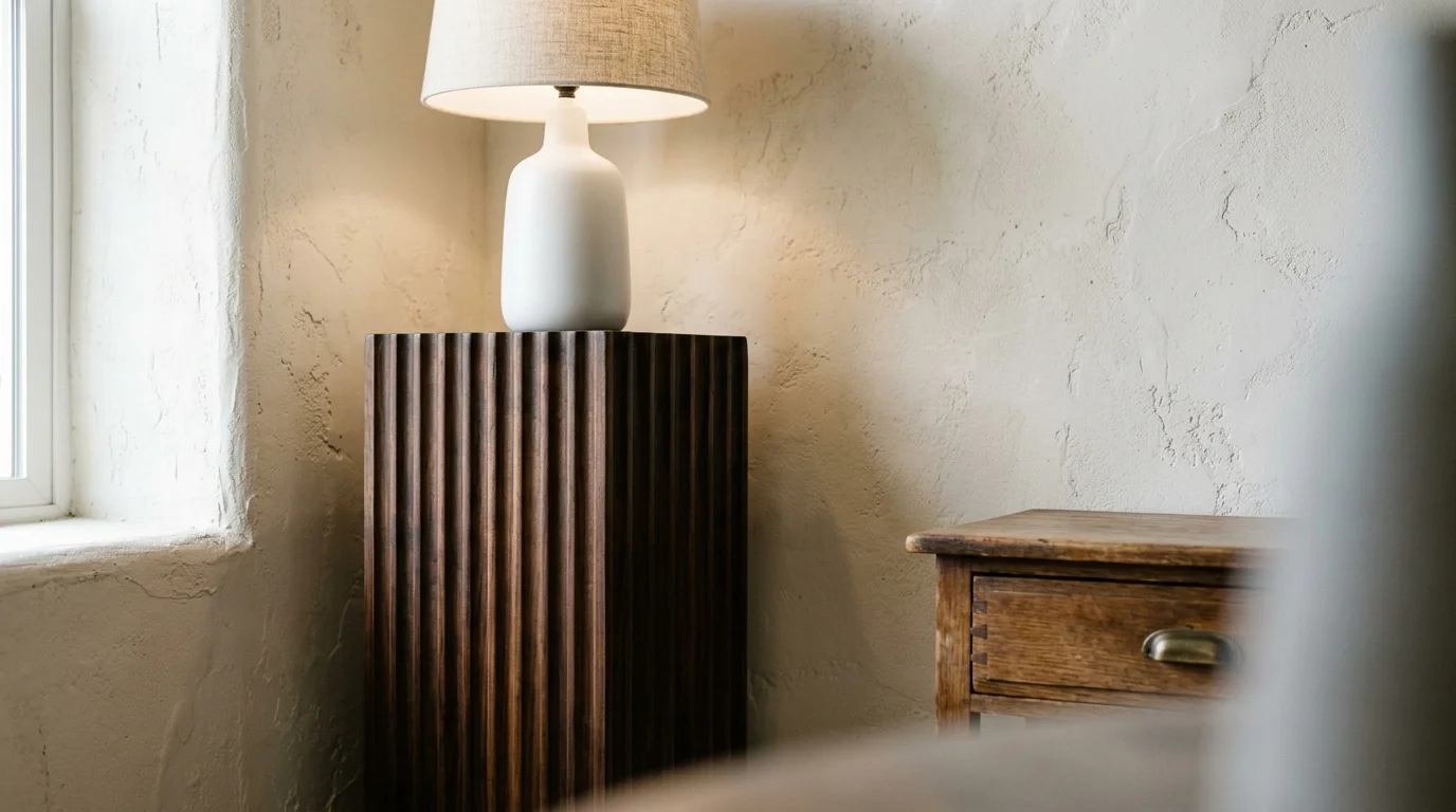 Fluted dark wood pedestal with a glowing white lamp next to a rustic wooden drawer against a textured wall.