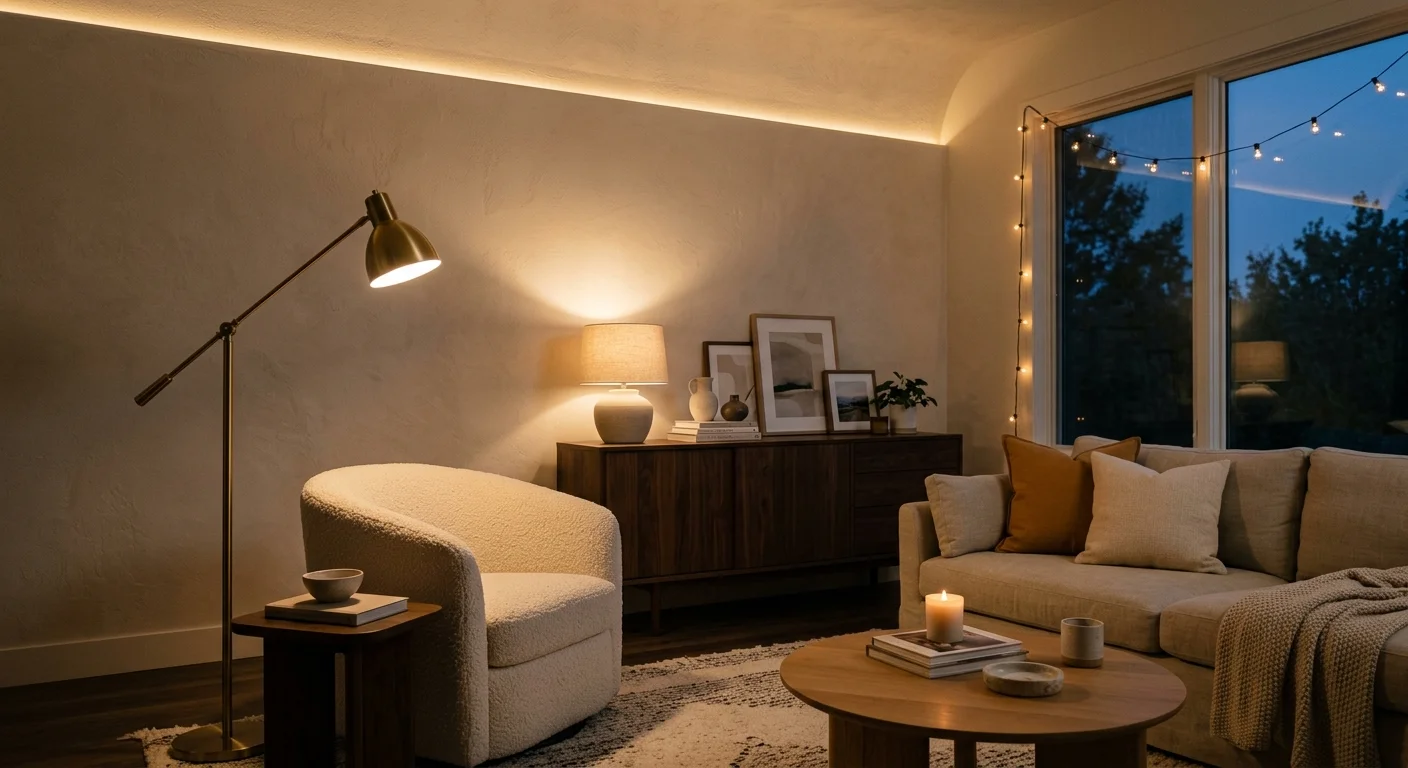 Warm editorial photo of a living room with layered lighting, featuring an armchair and lamps.