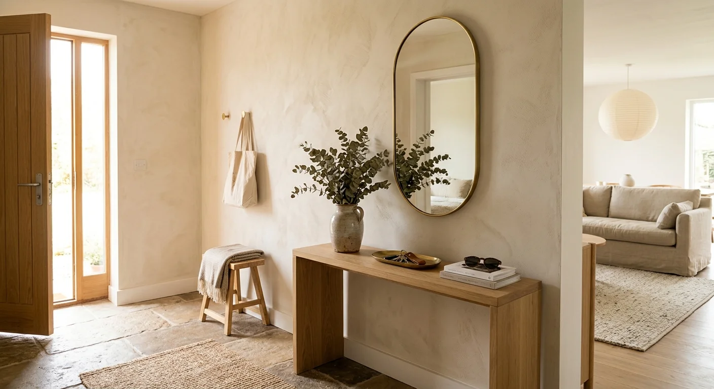 Warm entryway with a brass pill-shaped mirror over an oak console table, reflecting a bright, inviting living space.