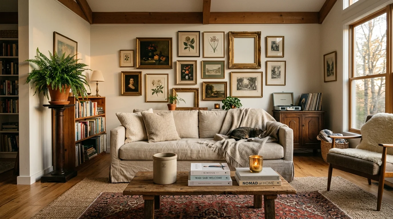 Living room with a gallery wall of framed vintage art above a beige sofa with a sleeping cat and wooden coffee table.