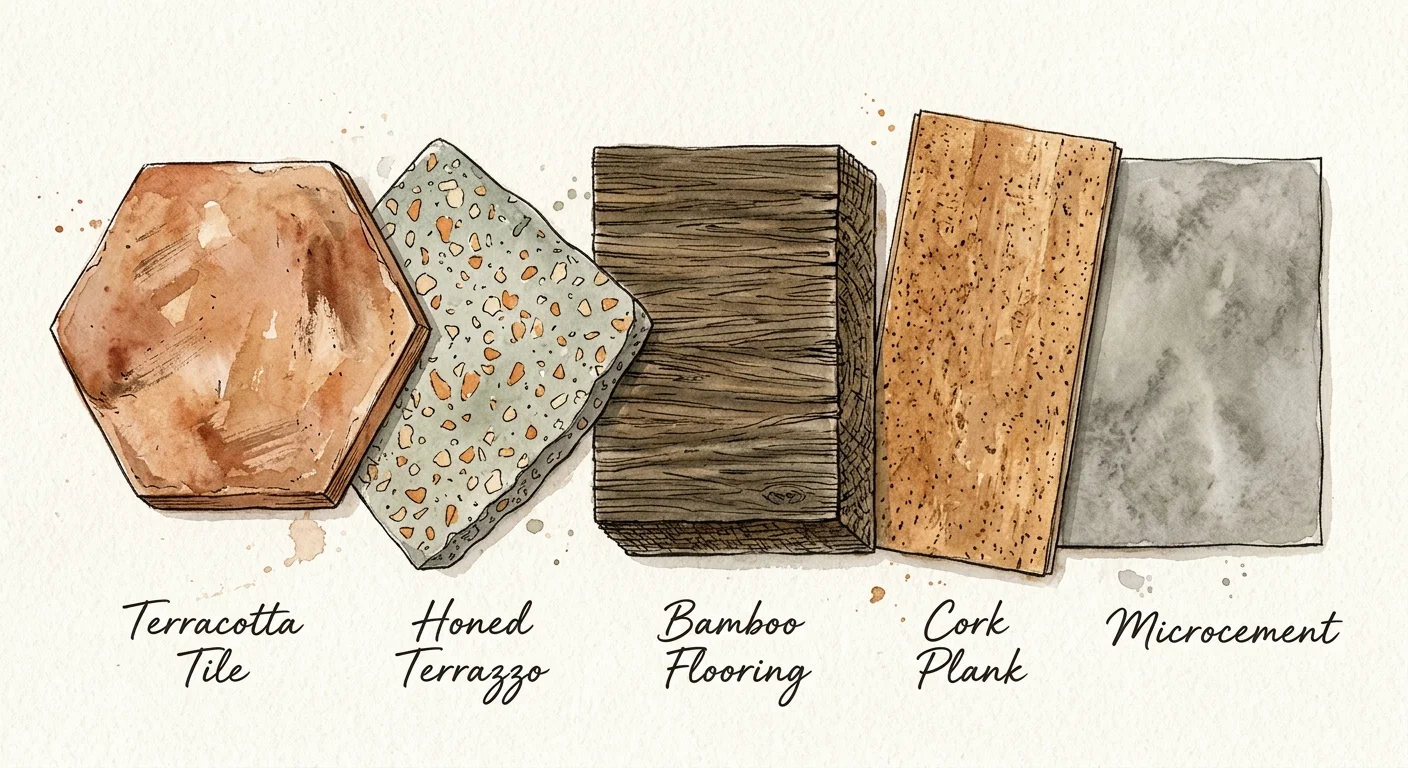 Watercolor and ink flat-lay illustration of various alternative flooring samples including terrazzo, bamboo, cork, and terracotta.