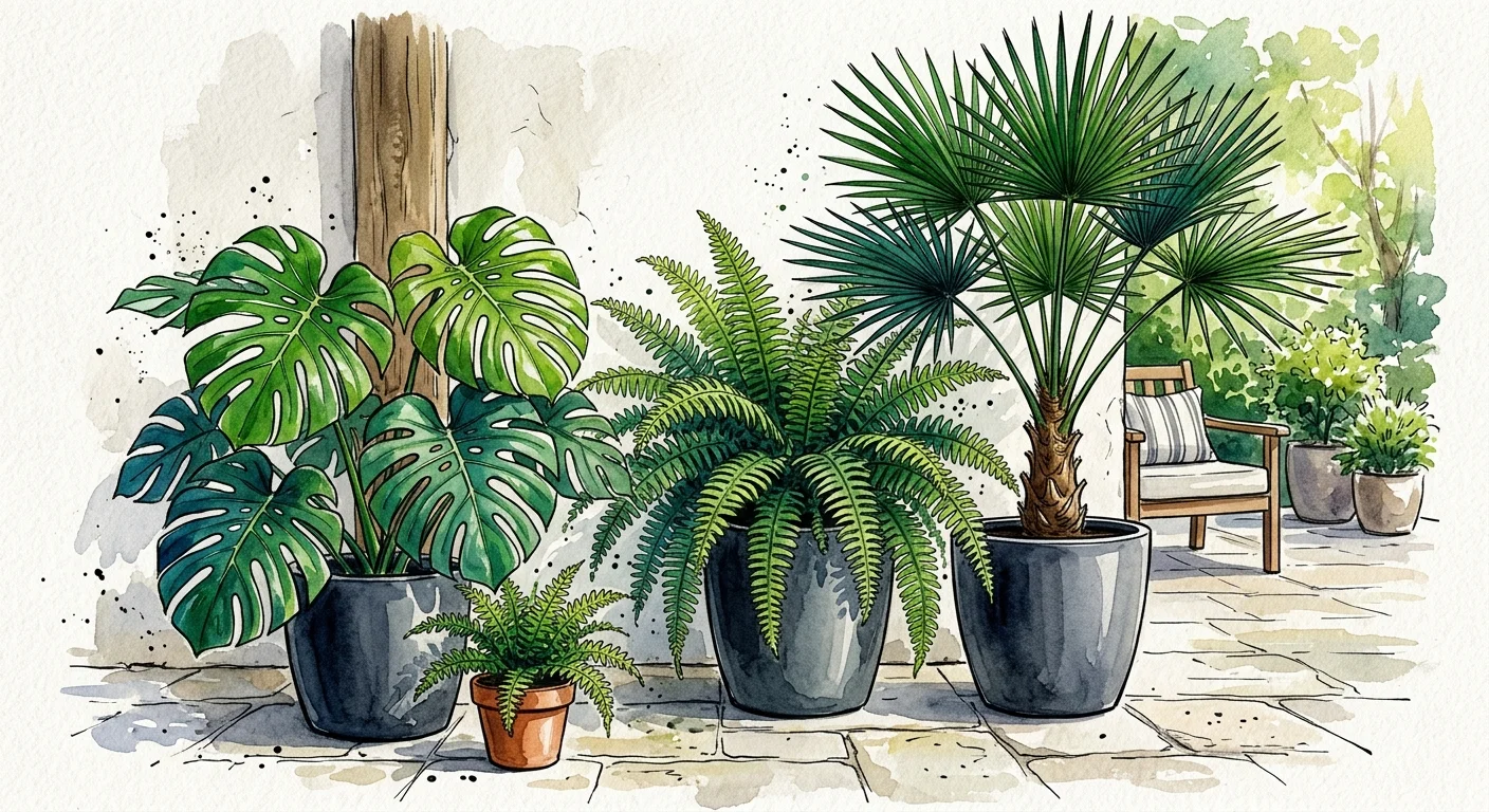 Watercolor and ink illustration of bold, architectural summer plants like ferns and palms in modern charcoal pots.