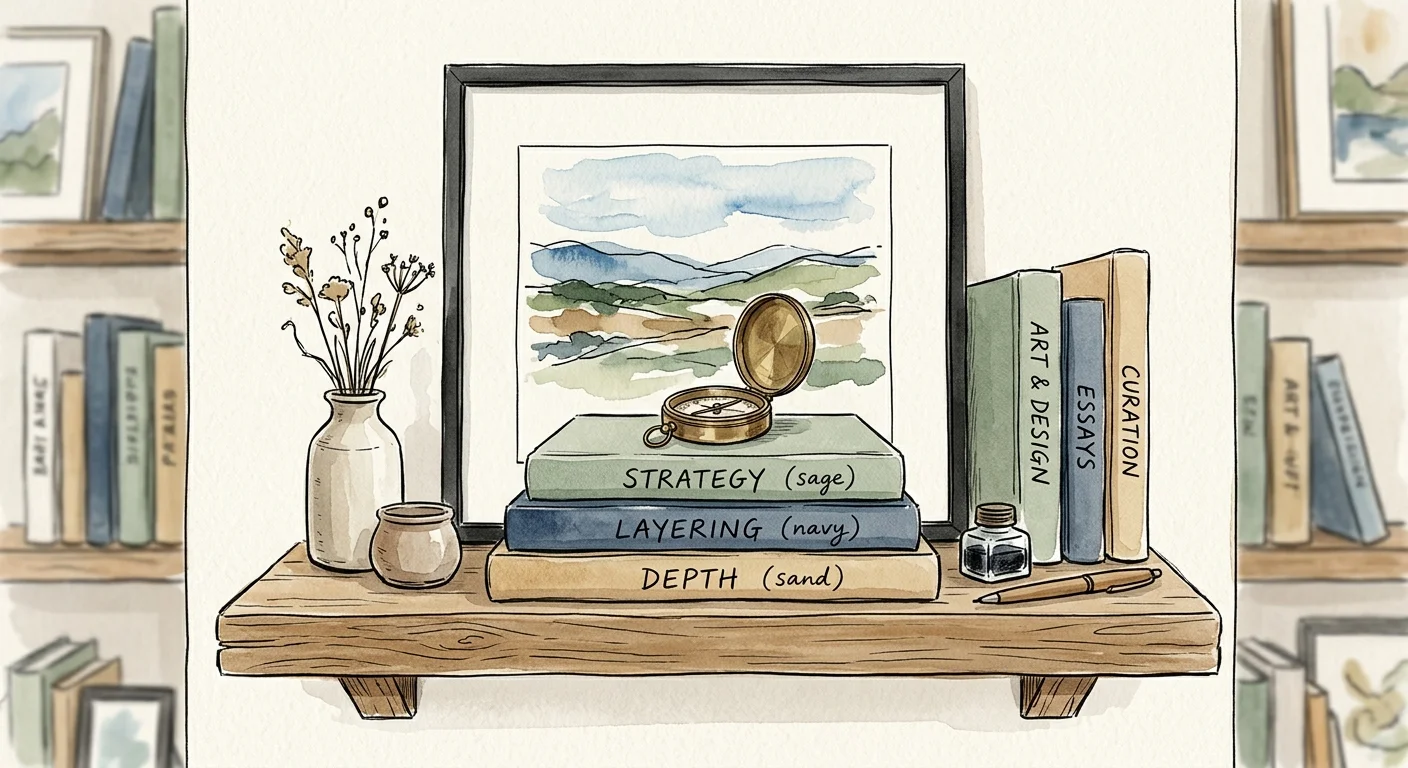 Watercolor and ink illustration of horizontal stacked books layering beneath a vertically leaning framed artwork.