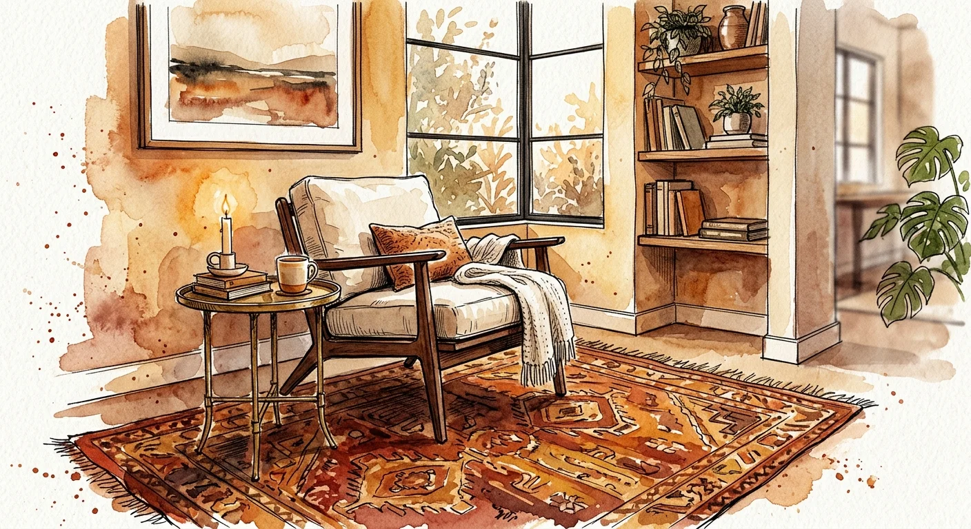 Watercolor and ink sketch of a warm living room featuring a rich terracotta and amber area rug beneath a walnut lounge chair.
