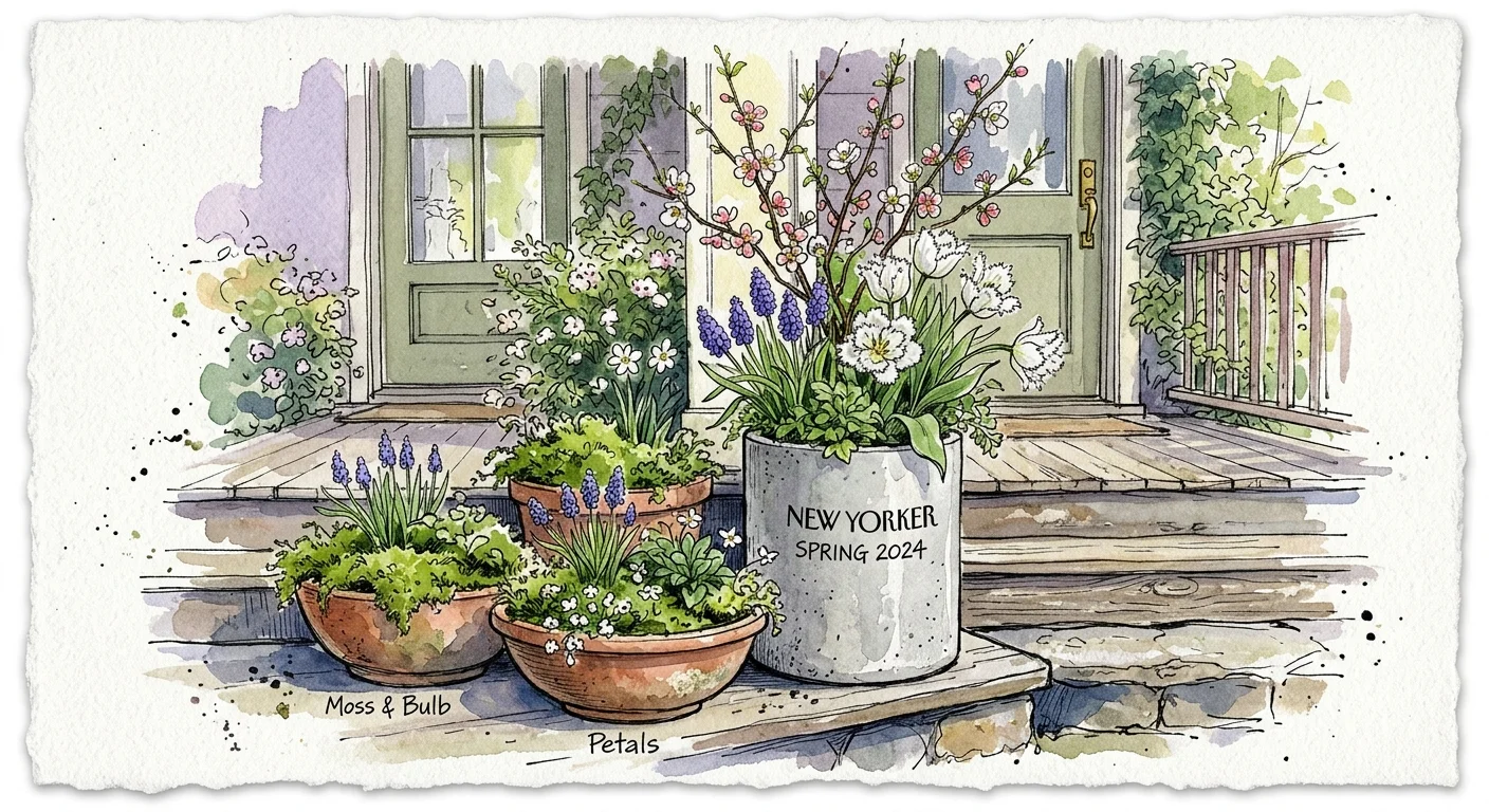 Watercolor and ink sketch of layered spring planters with purple hyacinths, white tulips, and green moss on porch steps.