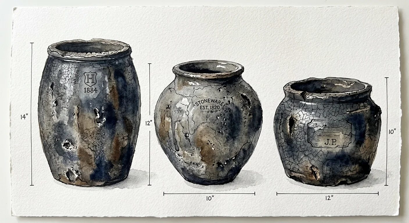 Watercolor and ink study of three rustic, antique stoneware pots in charcoal and earthy tones on a clean background.