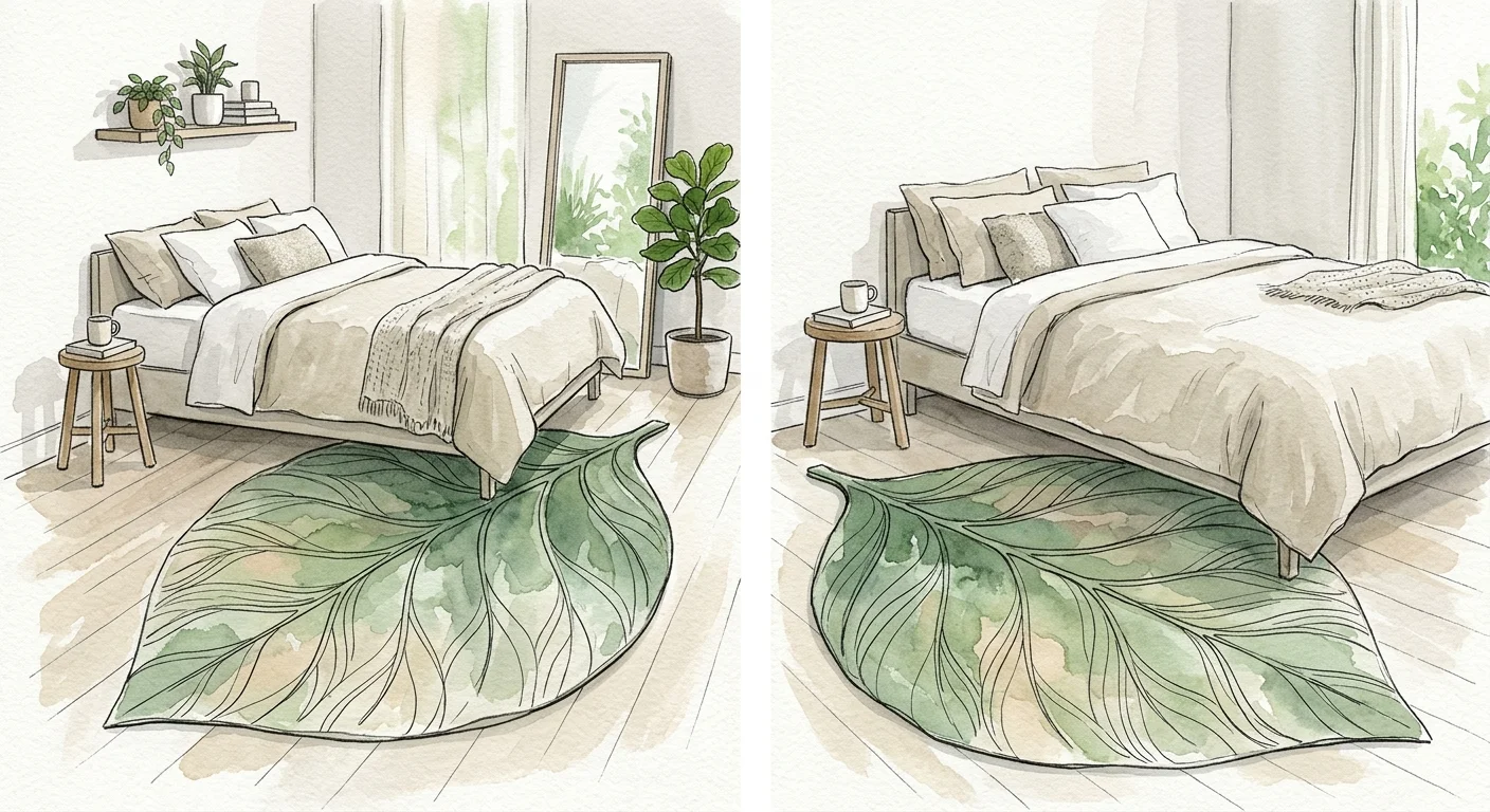 Watercolor illustration of a sage-green, leaf-shaped botanical rug on a light wood floor in a peaceful bedroom.