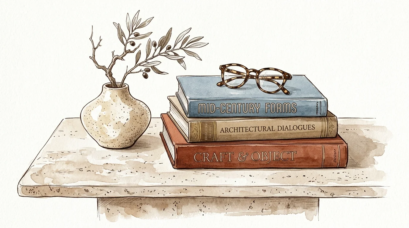 Watercolor illustration of a stack of art books, eyeglasses, and a vase with branches on a stone table.