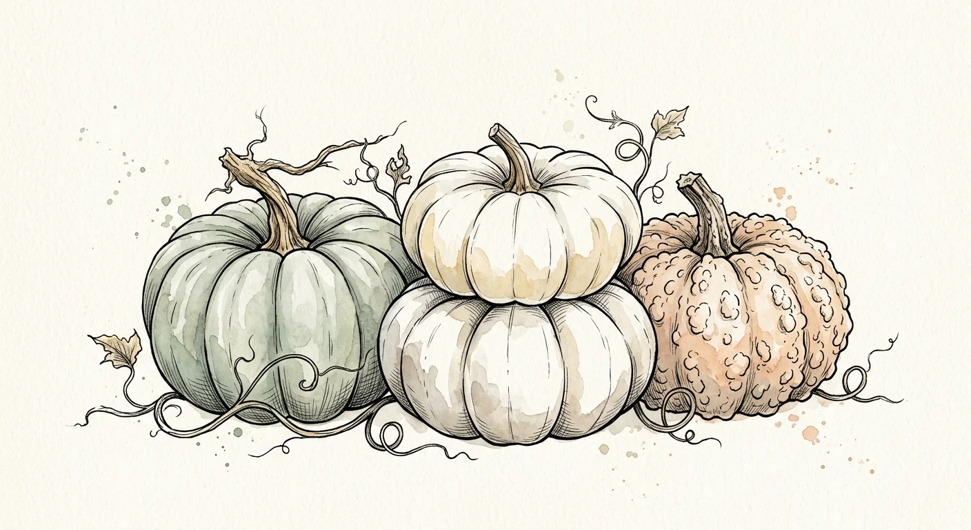 Watercolor illustration of stylized heirloom pumpkins in muted sage, white, and pale peach tones on a clean background.