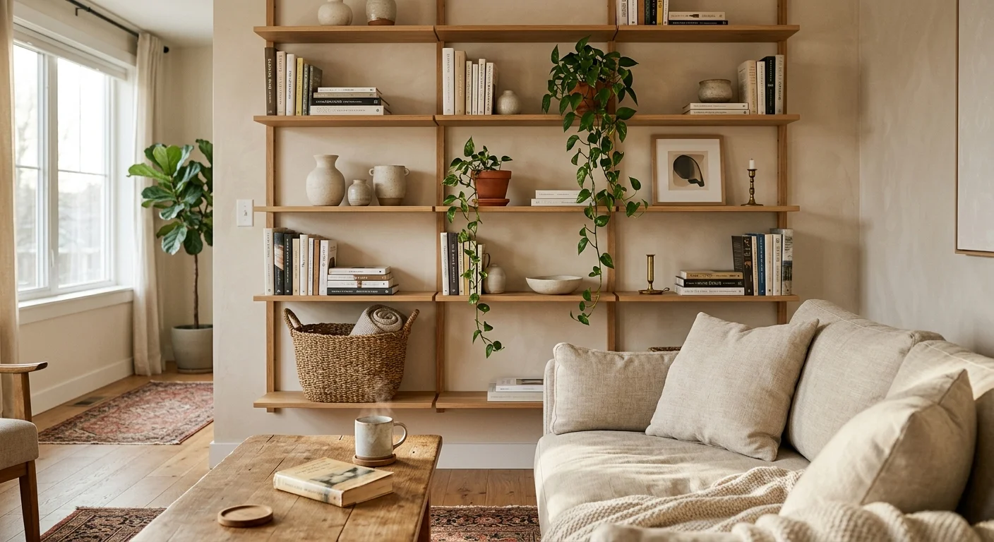 Wide-angle photo of a cozy, modern living room with a perfectly balanced and styled open shelving system.