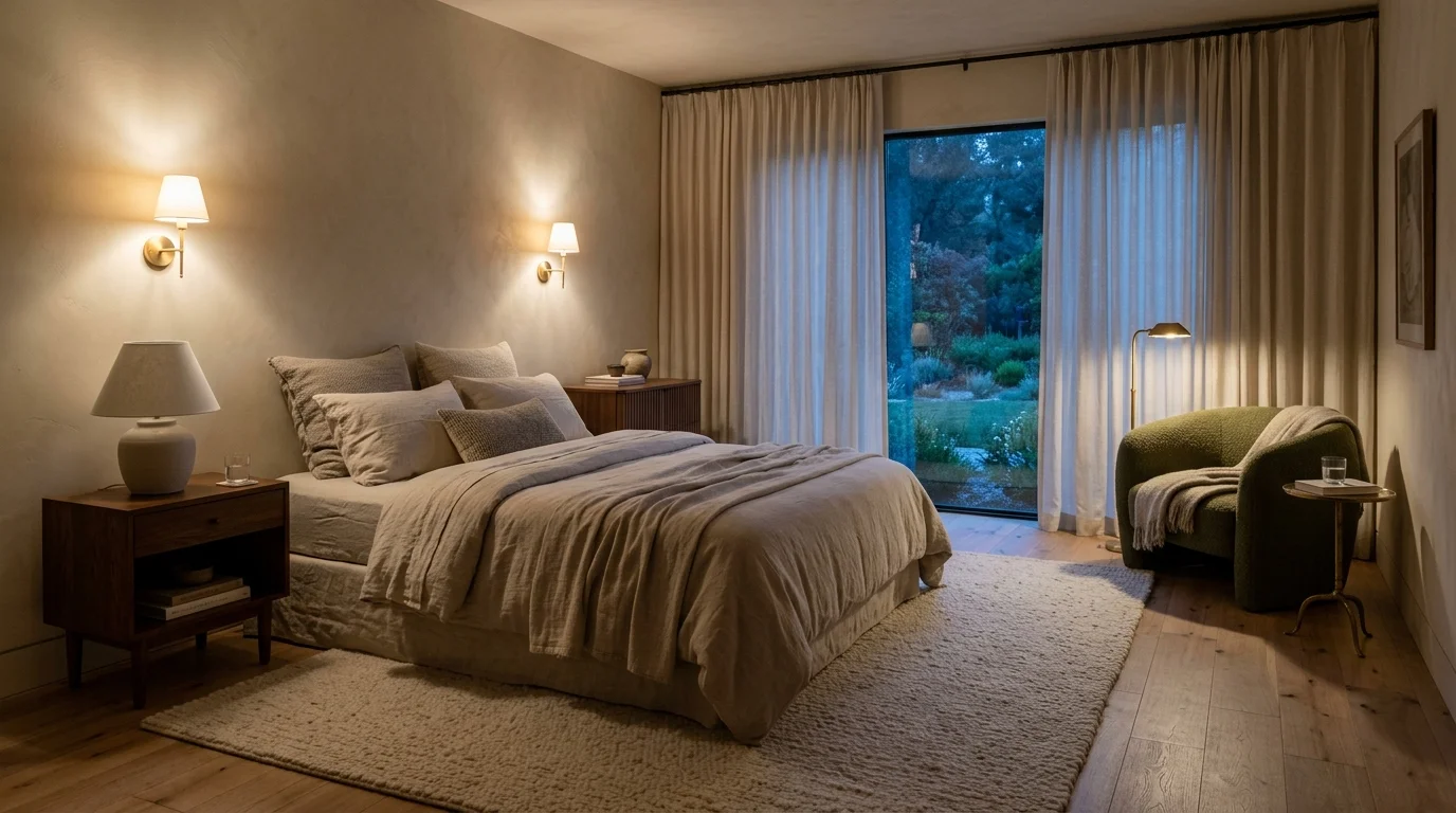 Neutral bedroom with linen-dressed bed, warm wall sconces, wood nightstand, and a green armchair beside draped windows.