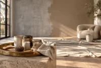 Partially painted beige wall in a sunlit room with paint supplies, a drop cloth, a round armchair, and a potted olive tree.